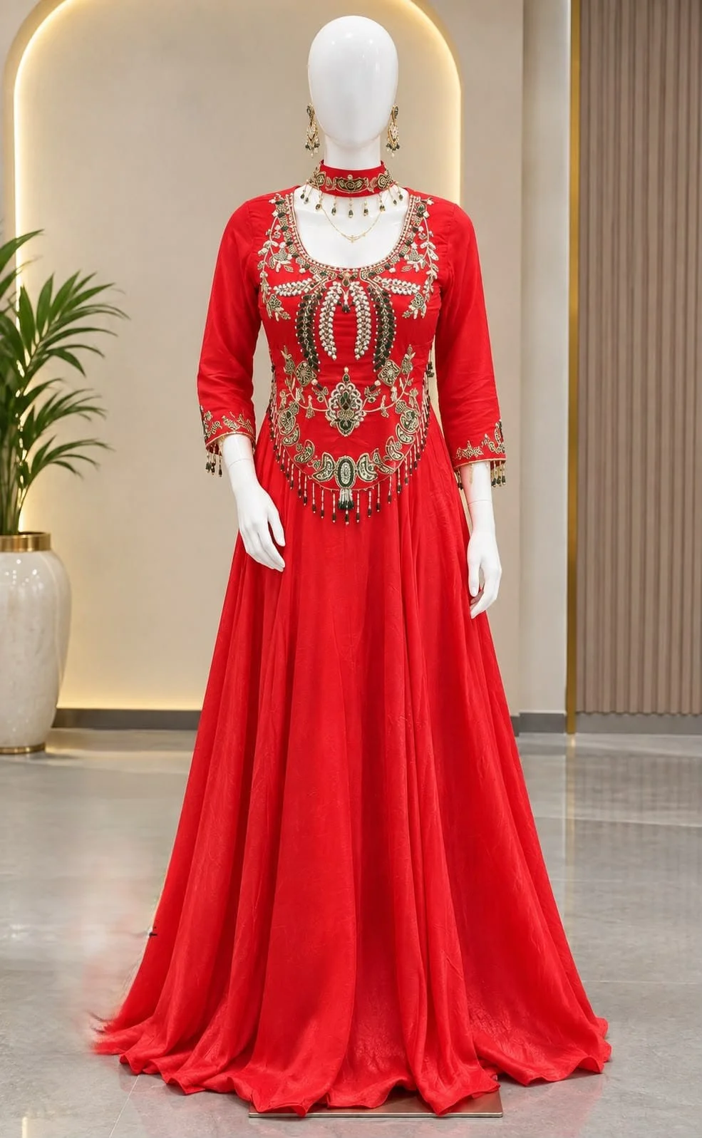 Rich Red Creap Embroidery Sequence work Blouse and Lehenga